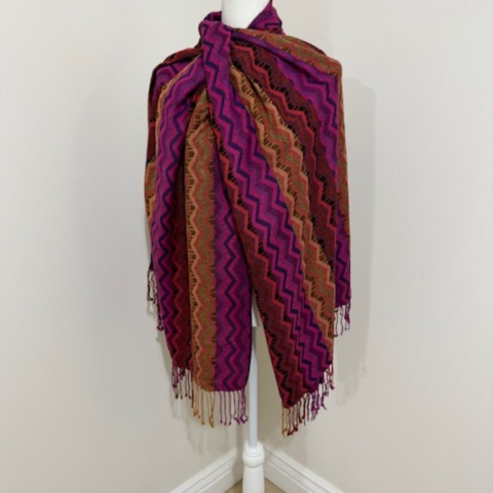 Woven Cashmere Silk Scarf Wrap Zigzag Chevron Pattern Boho Made in Nepal